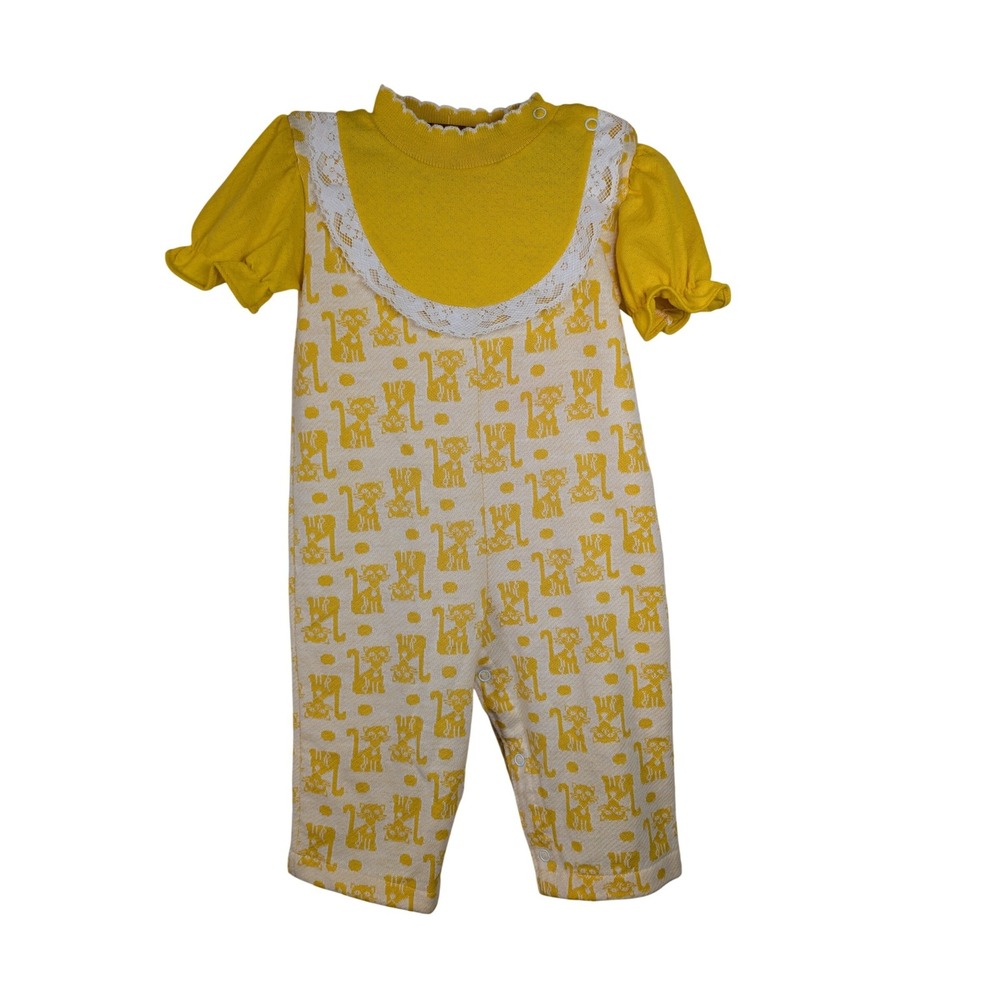 Vintage Health-tex Yellow White Cat Print Lace Trim Romper Size 24 Months 70s